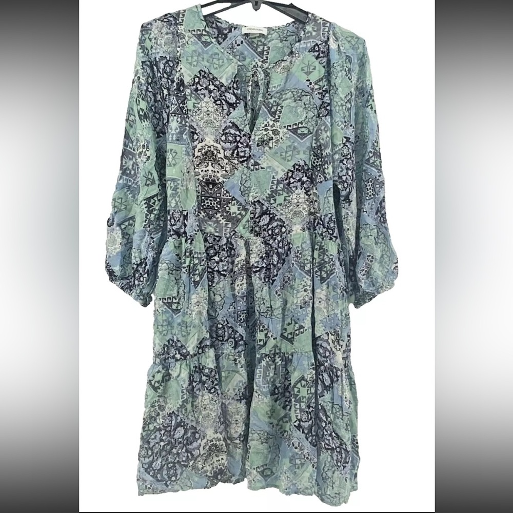 Calvin Klein Women's Size 14 Patchwork Patterned Green &‎ Blue Toned Flowy Dress